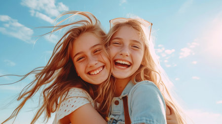 Lovable caucasian girls expressing positive emotions to camera. Outdoor photo of refined sisters posing on sky background.の素材
