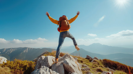 Happy man with open arms jumping on the top of mountain Hiker with backpack celebrating success outdoorの素材