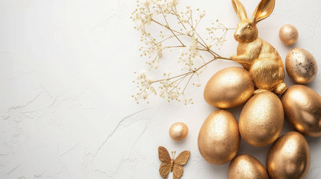 Stylish golden eggs easter concept. Easter gold eggs with golden rabbit white background. Flat lay trendy easter. --ar 16:9 --v 6 Job ID: 7a961054-c350-4d96-8c6d-2109aae2c5feの素材