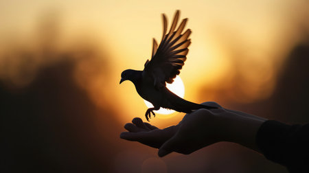silhouette pigeon flying out of two hand and freedom concept and international dayの素材