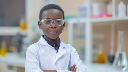 Portrait of African student in lab coat uniform arm crossed wearing safety eyeglass in laboratory,の素材