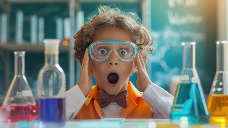 Surprised Kid over science experiment result or chemical reaction at chemistry laboratory - concept of childhood excitement,の素材
