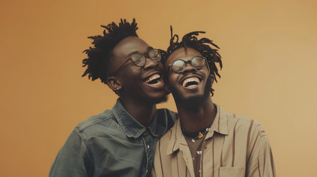 Portrait Of Two Happy Black Guys Embracing While Posing Over Beige Background,の素材