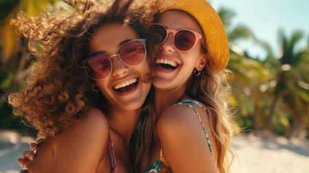 Two female friends having fun in summer.の素材