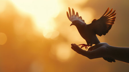 silhouette pigeon flying out of two hand and freedom concept and international dayの素材
