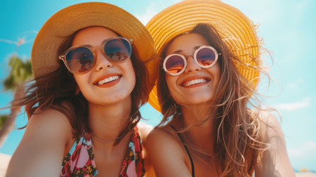 Two female friends having fun in summer.の素材