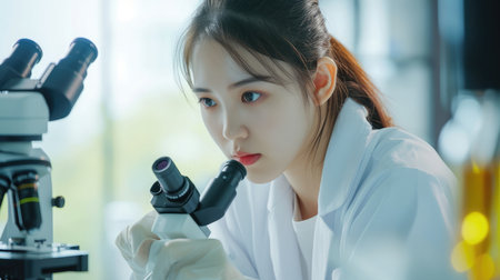 Researcher asian woman wear lab cost work mixing test tube specialist sample chemist equipment with microscope at laboratory. Student young girl examining biotechnology health medical.の素材