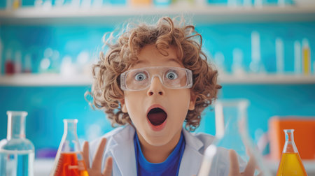 Surprised Kid over science experiment result or chemical reaction at chemistry laboratory - concept of childhood excitement,の素材