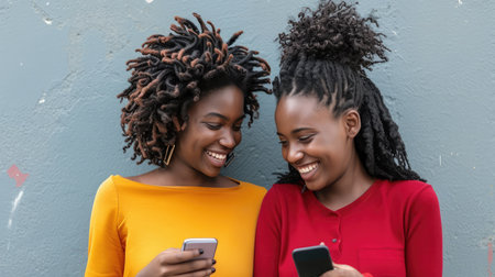 two young african women having fun looking at the cell phone, concept of youth and communication technology,の素材