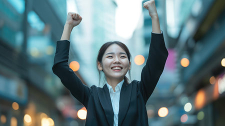Young excited confident proud Asian business woman winner wearing suit standing on street, raising hands, feeling power, motivation, energy, celebrating career financial success in big city outdoors. --ar 16:9 --v 6 Job ID: de8af951-e90b-48a9-b2db-4d523d08f769の素材