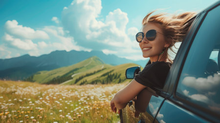 Young beautiful woman traveling by car in the mountains, summer vacation and adventureの素材