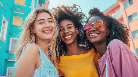 Three young multiracial women having fun on city street outdoors Mixed race female friends enjoying a holiday day out togetherの素材