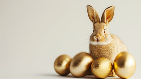Stylish golden eggs easter concept. Easter gold eggs with golden rabbit white background. --ar 16:9 --v 6 Job ID: b5d36a6c-faa9-4e2c-8677-75953cc0ffe5の素材