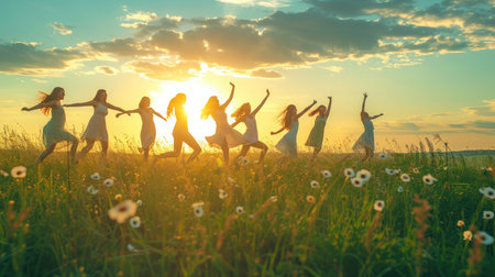 Young women are having fun on the green field in the evening.の素材