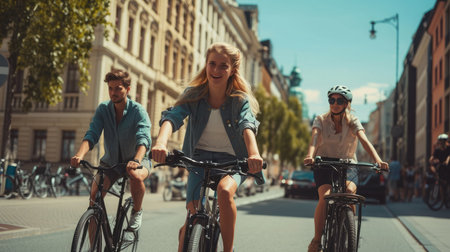 Three young people cycling down the street. Male and female friends on road with their bikes.の素材