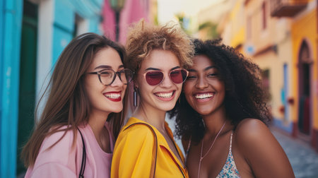 Three young multiracial women having fun on city street outdoors Mixed race female friends enjoying a holiday day out togetherの素材