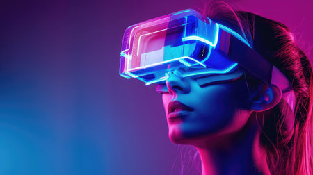 Woman with glasses of virtual reality. Future technology concept. --ar 16:9 --v 6 Job ID: 38da5721-0ec4-42ce-b6ca-9830a579276bの素材