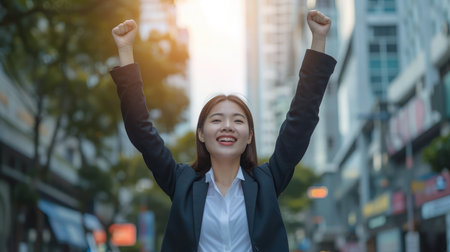 Young excited confident proud Asian business woman winner wearing suit standing on street, raising hands, feeling power, motivation, energy, celebrating career financial success in big city outdoors. --ar 16:9 --v 6 Job ID: de8af951-e90b-48a9-b2db-4d523d08f769の素材