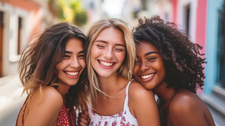 Three young multiracial women having fun on city street outdoors Mixed race female friends enjoying a holiday day out togetherの素材