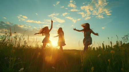 Young women are having fun on the green field in the evening.の素材