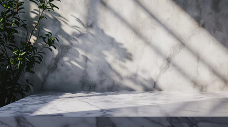 Marble Table with White Stucco Wall Texture Background with Light Beam and Shadow, Suitable for Product Presentation Backdropの素材