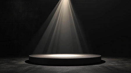 Product showcase with spotlight. Black studio room background. Use as montage for product displayの素材
