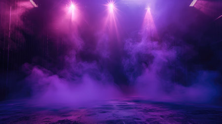 The dark stage shows, purple background, an empty dark scene, neon light, spotlights The asphalt floor and studio room with smoke float up the interior texture for display productsの素材