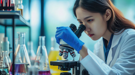 Researcher asian woman wear lab cost work mixing test tube specialist sample chemist equipment with microscope at laboratory. Student young girl examining biotechnology health medical.の素材