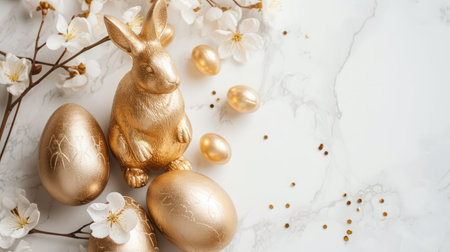 Stylish golden eggs easter concept. Easter gold eggs with golden rabbit white background. Flat lay trendy easter. --ar 16:9 --v 6 Job ID: 7a961054-c350-4d96-8c6d-2109aae2c5feの素材