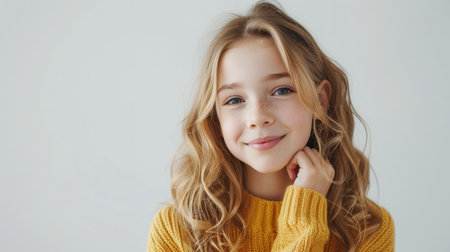 Portrait of young beautiful cute cheerful girl smiling looking at camera over white backgroundの素材