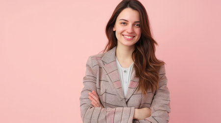 Young satisfied smiling happy fun cheerful successful european employee business woman 30s she wearing casual classic jacket look camera isolatedの素材