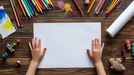 Child hand and blank white paper sheet with art supplies around on wooden table. Top view. Education, learning, hobbyの素材