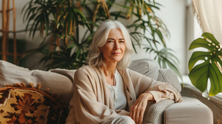 Elegantly middle aged woman sitting on a couch near a plants, dark beige and white colorsの素材