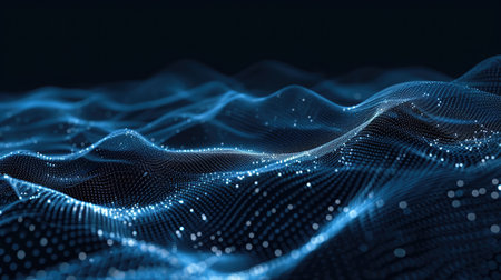 Digital wave with many dots and particles. Abstract dynamic wave background. Technology or science bannerの素材
