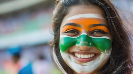 Happy Indian woman supporter with face painted in India flag colors, green white and orange, female fan at a sports event such as cricket or field hockey match, blurry stadium background, copy spaceの素材