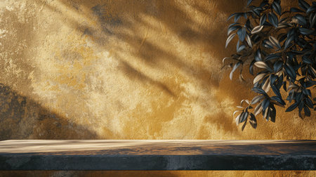Gold Stucco Table with Nature Shadow on Concrete Wall Texture Background, Suitable for Cosmetic Product Presentation Backdrop, Displayの素材