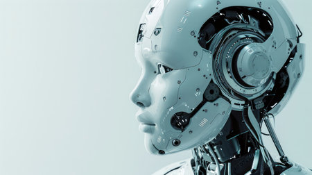 Side view portrait of robot head on futuristic background. AI technology conceptの素材