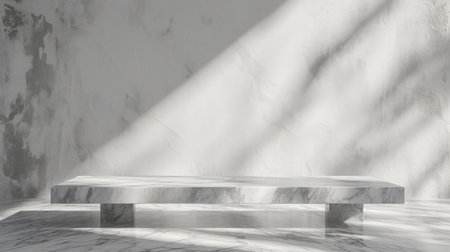Marble Table with White Stucco Wall Texture Background with Light Beam and Shadow, Suitable for Product Presentation Backdropの素材