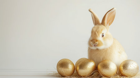 Stylish golden eggs easter concept. Easter gold eggs with golden rabbit white background.の素材