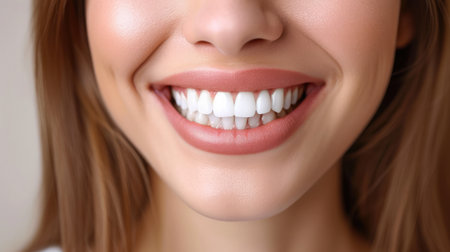 Young woman with healthy gums and teeth, close up. --ar 16:9 --v 6 Job ID: cb8de8f0-94bc-456b-99ae-e6311a1342faの素材