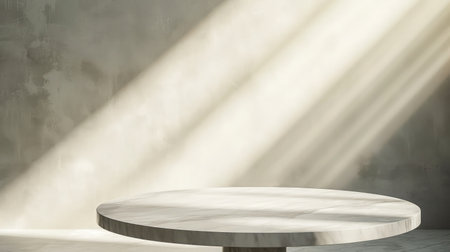 Marble Table with White Stucco Wall Texture Background with Light Beam and Shadow, Suitable for Product Presentation Backdropの素材