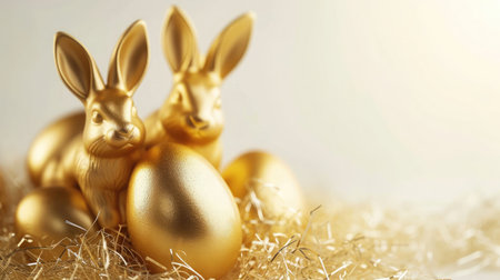 Stylish golden eggs easter concept. Easter gold eggs with golden rabbit white background. --ar 16:9 --v 6 Job ID: 11825b02-316c-4650-8ee4-1f3858eecec7の素材