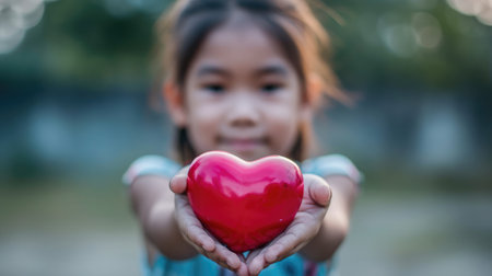 Little girl holding red heart in hands. Valentines day, love, help, social responsibility, donation, charity, volunteering, gratitude, appreciate, world heart day conceptの素材