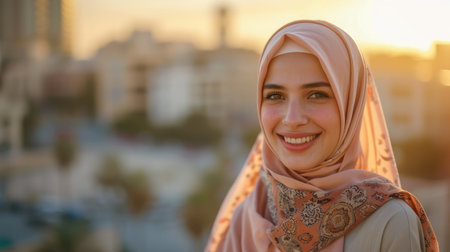 Portrait of happy muslim woman, smiling and enjoying moment in the city with skyscarpersの素材