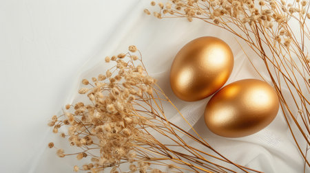Stylish golden eggs easter concept. Easter gold eggs with golden dried flax linum bunch white background. Flat lay trendy easter.の素材