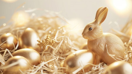 Stylish golden eggs easter concept. Easter gold eggs with golden rabbit white background. --ar 16:9 --v 6 Job ID: 11825b02-316c-4650-8ee4-1f3858eecec7の素材