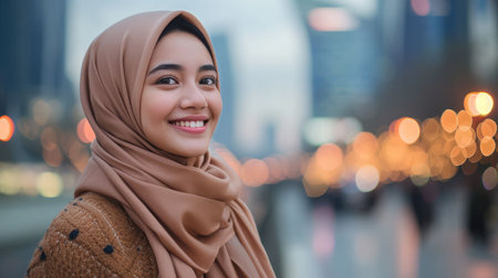 Portrait of happy muslim woman, smiling and enjoying moment in the city with skyscarpersの素材