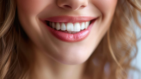 Young woman with healthy gums and teeth, close up.の素材