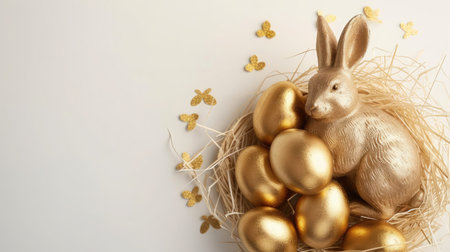 Stylish golden eggs easter concept. Easter gold eggs with golden rabbit white background. --ar 16:9 --v 6 Job ID: 69acce7f-0ae9-40a1-883b-6177d6123f75の素材