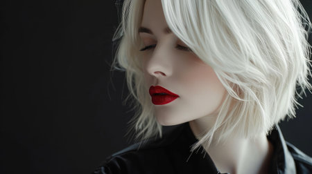 Beautiful girl with hair coloring in ultra blond. Stylish hairstyle done in a beauty salon. Fashion, cosmetics and makeupの素材